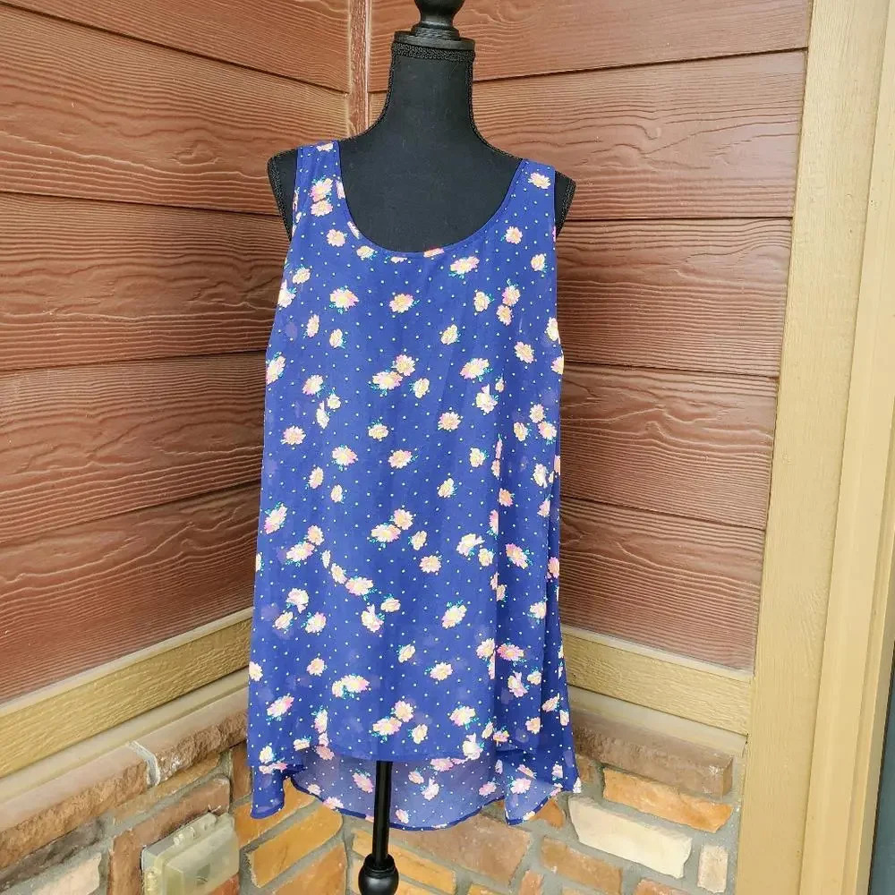 TORRID Women’ Plus Sz 2 Sheer Tank High-Low Blue Daisy Dot Print Blouse